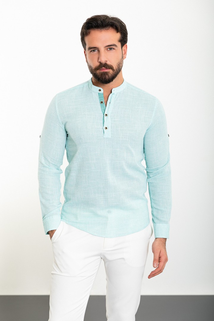 Green And Ecru Color Mandarin Collar Design Casual Cotton Men's Shirt