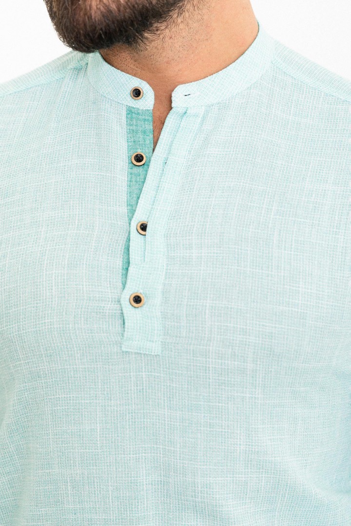 Green And Ecru Color Mandarin Collar Design Casual Cotton Men's Shirt