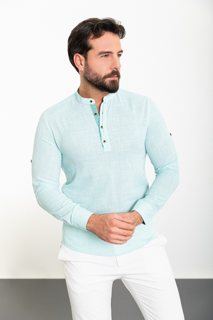 Green And Ecru Color Mandarin Collar Design Casual Cotton Men's Shirt