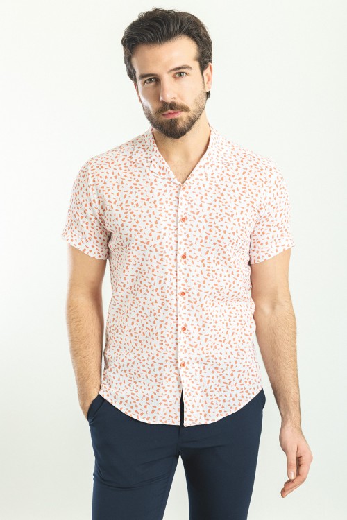 Red And White Color Figured Design Casual Cotton Short Sleeved Shirt
