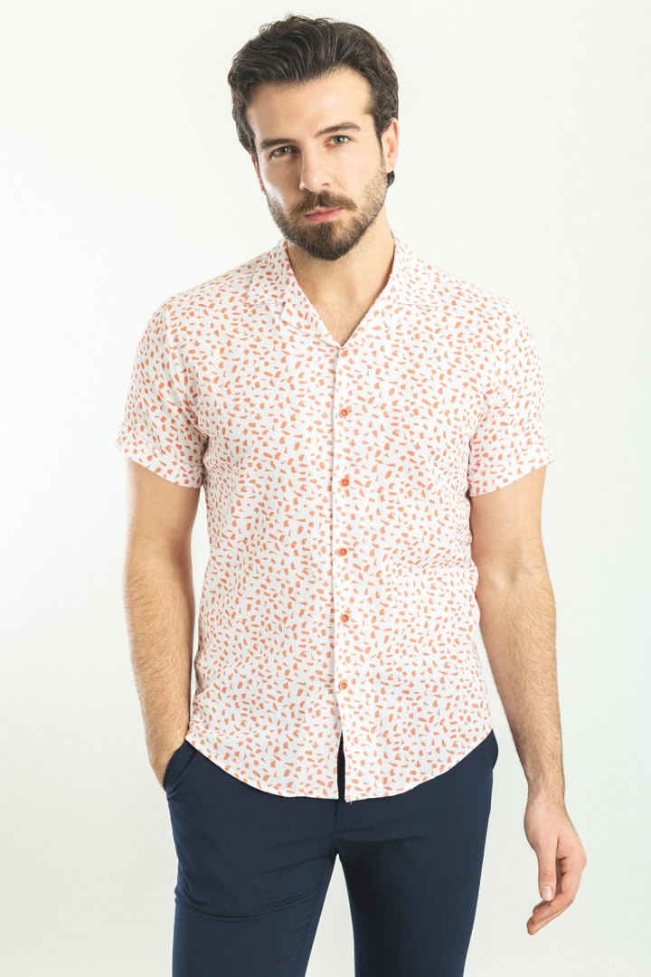 Red And White Color Figured Design Casual Cotton Short Sleeved Shirt