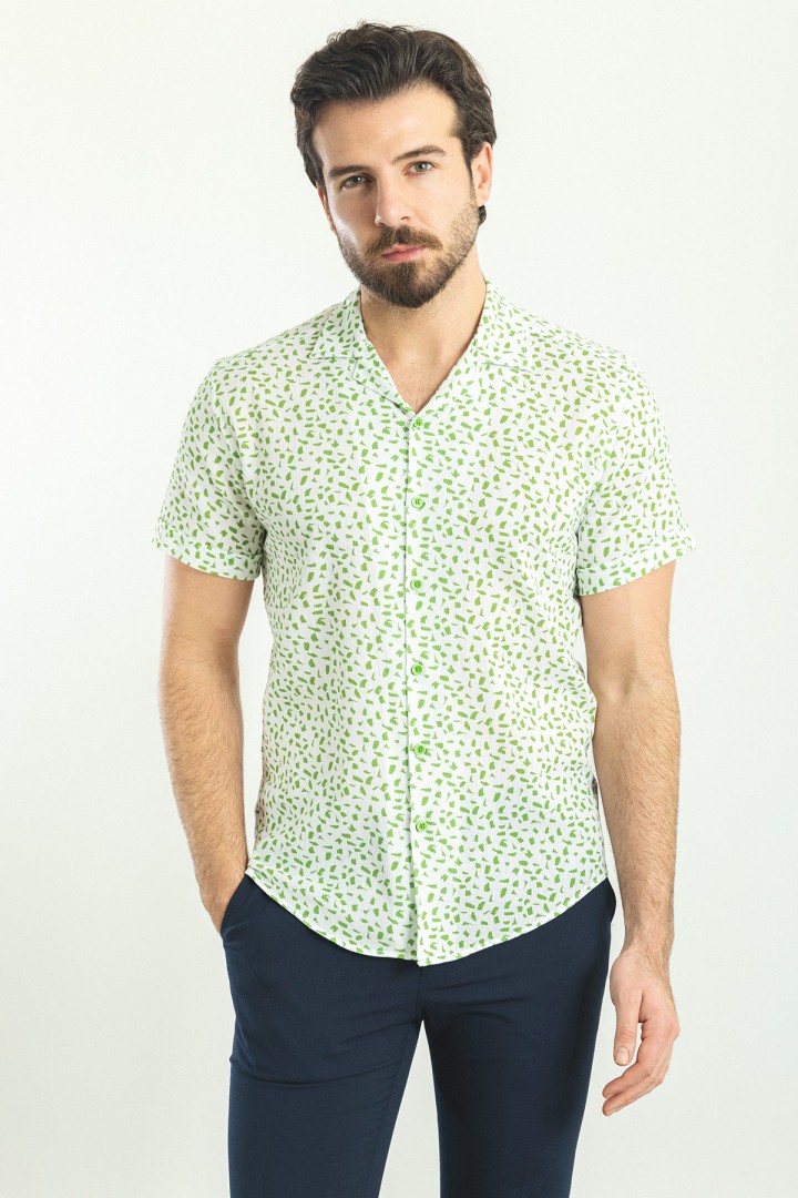 Green And White Color Figured Design Casual Cotton Short Sleeved Shirt