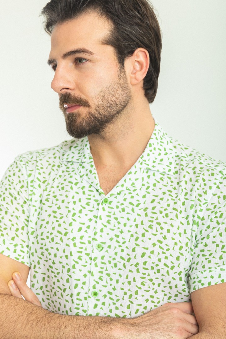 Green And White Color Figured Design Casual Cotton Short Sleeved Shirt