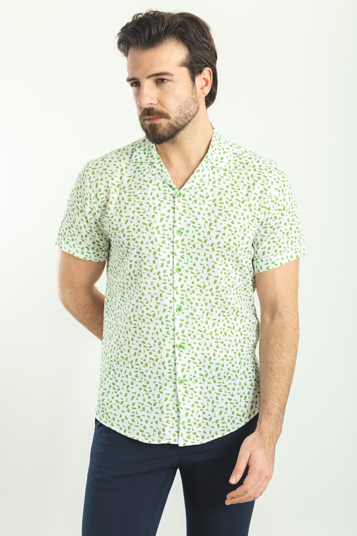 Green And White Color Figured Design Casual Cotton Short Sleeved Shirt