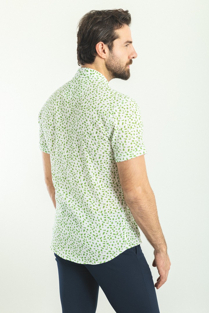 Green And White Color Figured Design Casual Cotton Short Sleeved Shirt