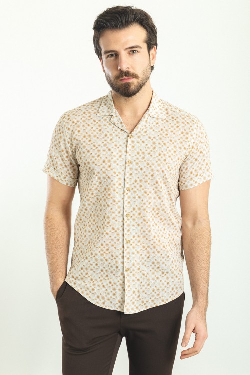 Beige Color Figured Design Casual Cotton Short Sleeved Shirt