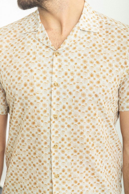Beige Color Figured Design Casual Cotton Short Sleeved Shirt