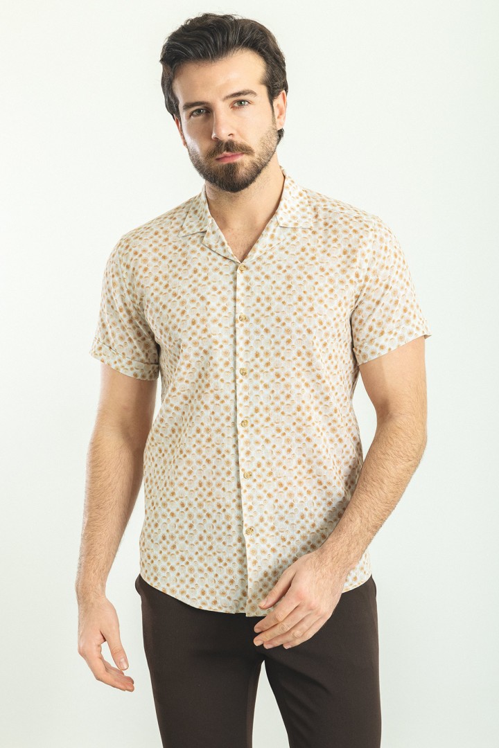 Beige Color Figured Design Casual Cotton Short Sleeved Shirt