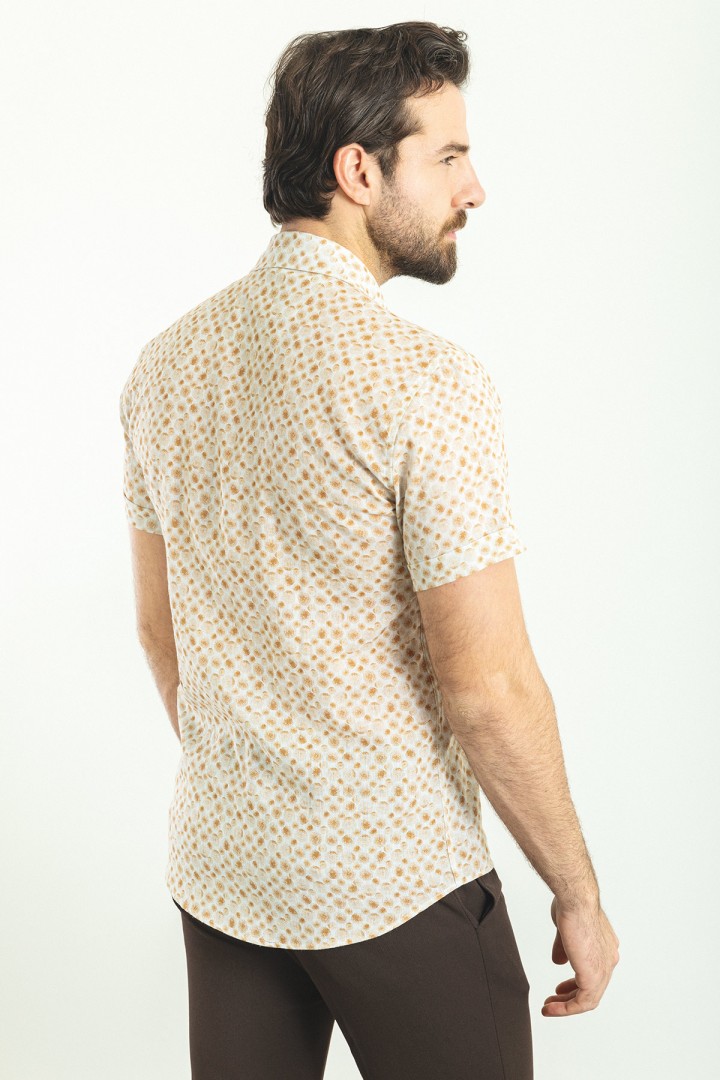 Beige Color Figured Design Casual Cotton Short Sleeved Shirt