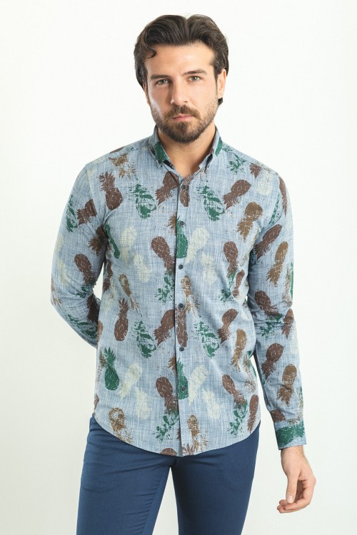 Indigo And Green Color Cotton Fabric Figured Design Casual Men's Shirt