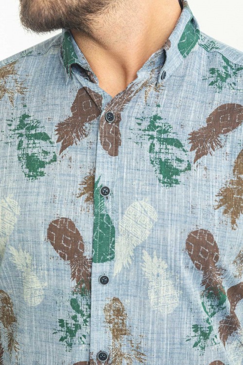 Indigo And Green Color Cotton Fabric Figured Design Casual Men's Shirt