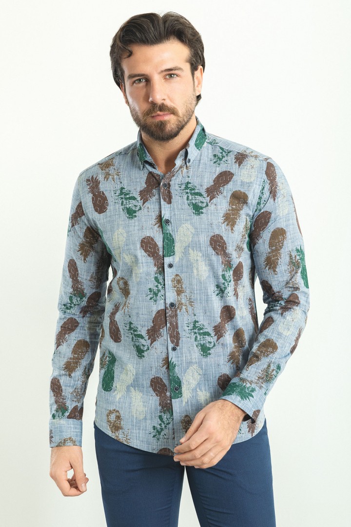 Indigo And Green Color Cotton Fabric Figured Design Casual Men's Shirt