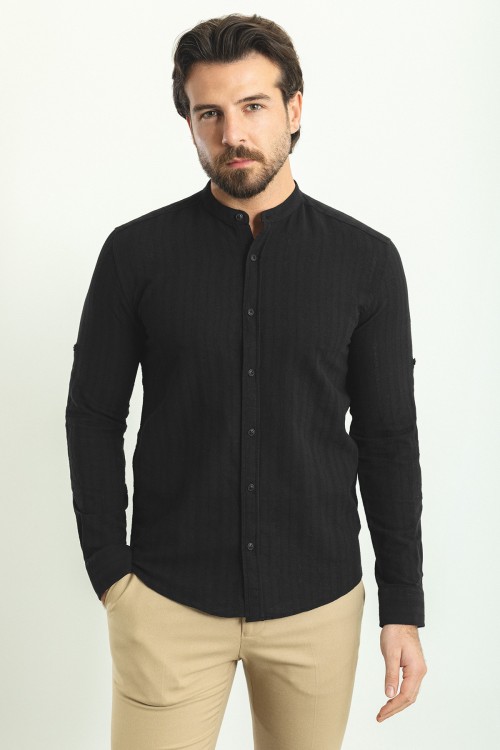 Black Color Striped And Mandarin Collar Design Casual Men's Cotton Shirt
