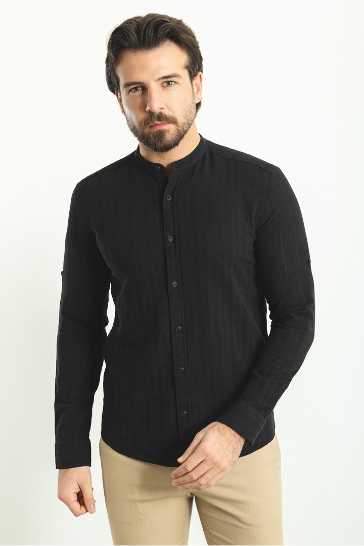 Black Color Striped And Mandarin Collar Design Casual Men's Cotton Shirt