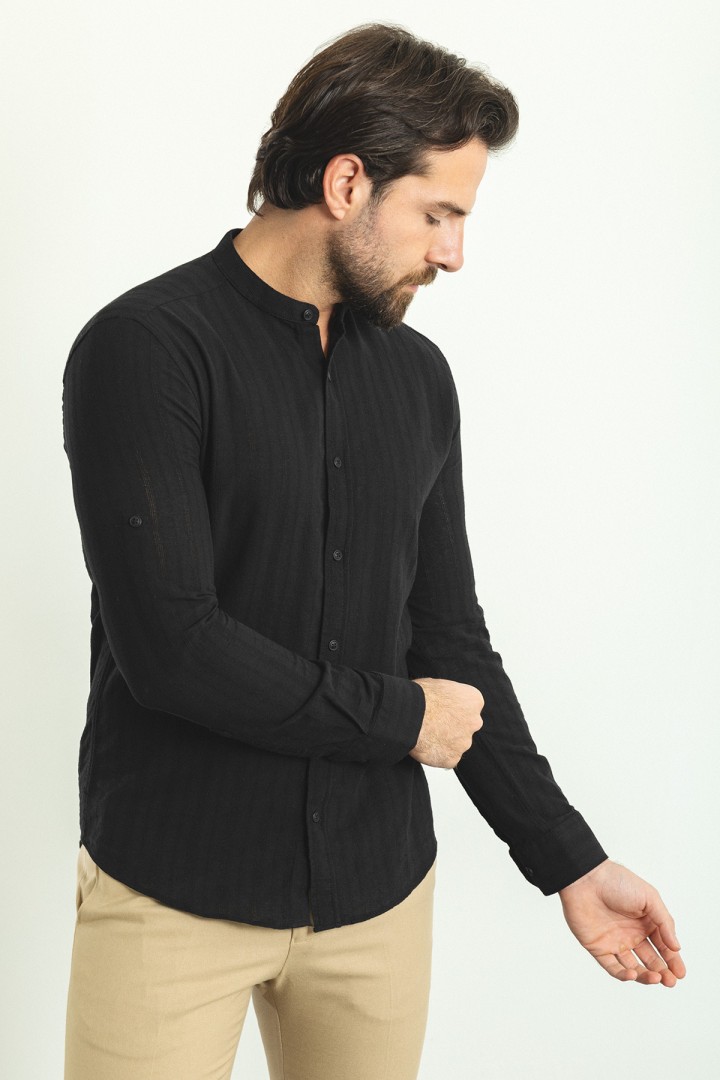 Black Color Striped And Mandarin Collar Design Casual Men's Cotton Shirt