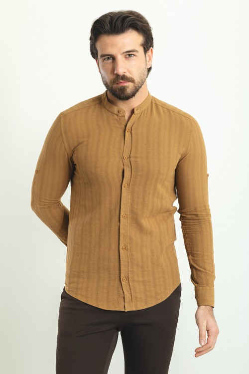Camel Color Striped And Mandarin Collar Design Casual Men's Cotton Shirt