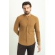 Camel Color Striped And Mandarin Collar Design Casual Men's Cotton Shirt