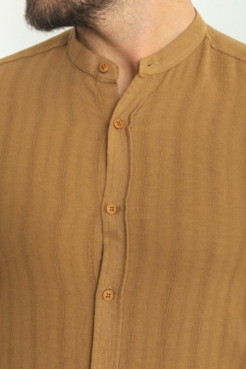 Camel Color Striped And Mandarin Collar Design Casual Men's Cotton Shirt