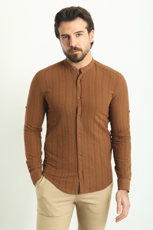 Light Brown Color Striped And Mandarin Collar Design Casual Men's Cotton Shirt