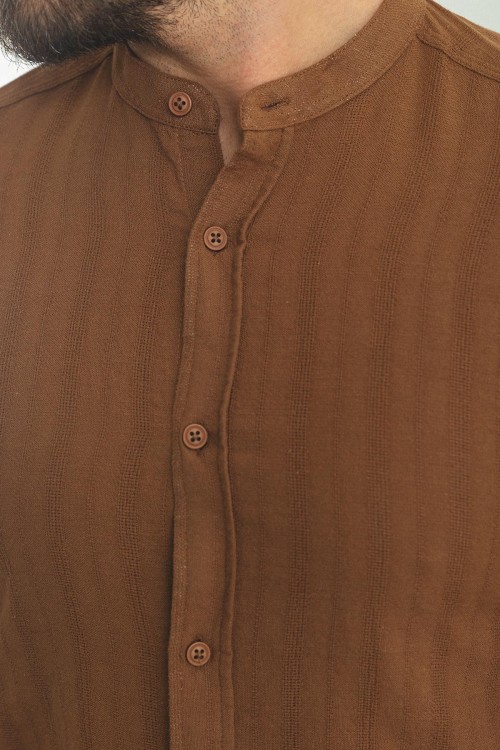 Light Brown Color Striped And Mandarin Collar Design Casual Men's Cotton Shirt