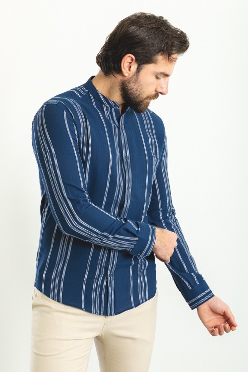 Dark Blue Color Striped Design Casual Men's Cotton Shirt