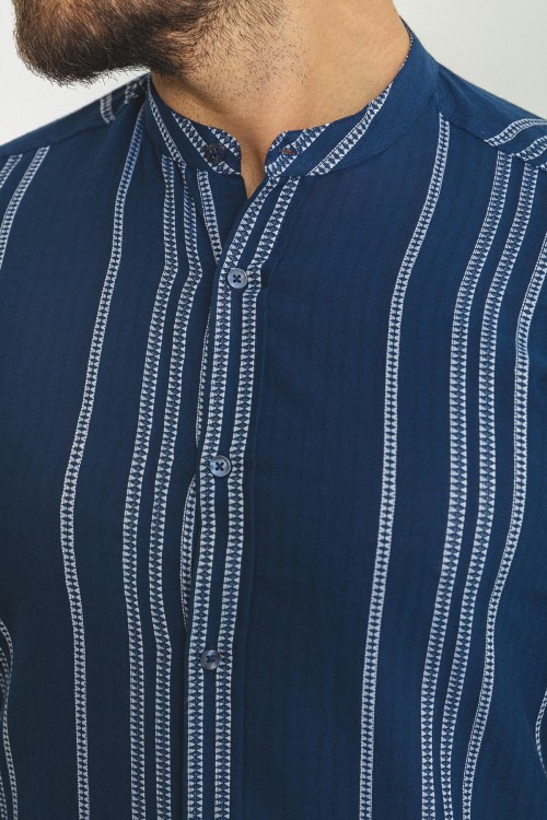 Dark Blue Color Striped Design Casual Men's Cotton Shirt
