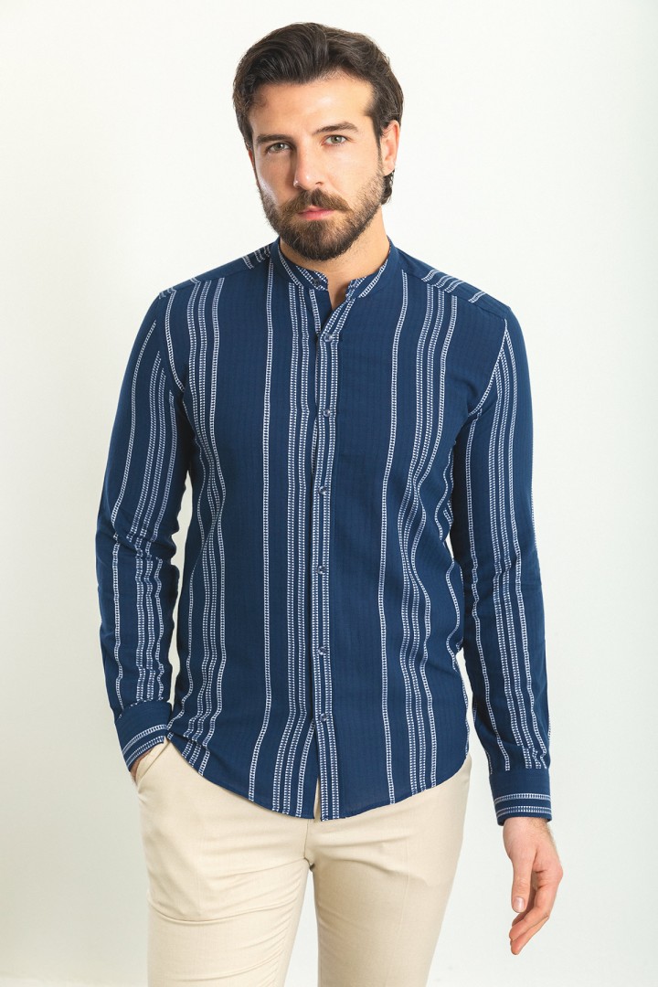 Dark Blue Color Striped Design Casual Men's Cotton Shirt