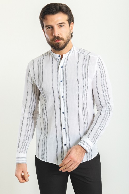White Color Striped Design Casual Men's Cotton Shirt