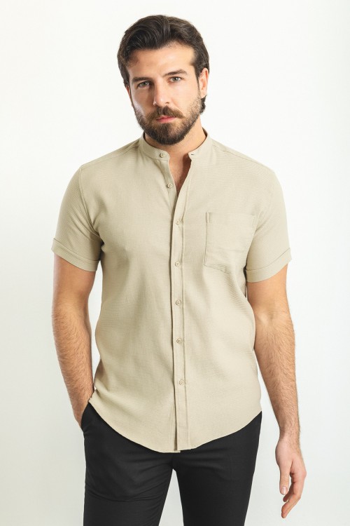 Stone Color Mandarin Collar Design Casual Cotton Short Sleeved Shirt
