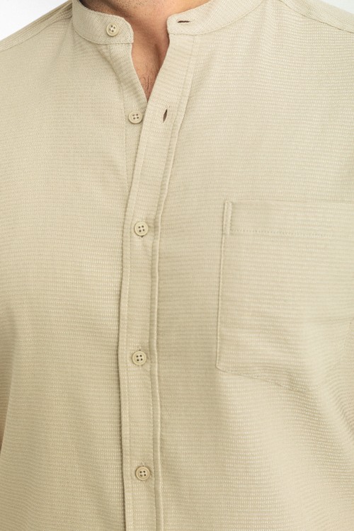 Stone Color Mandarin Collar Design Casual Cotton Short Sleeved Shirt