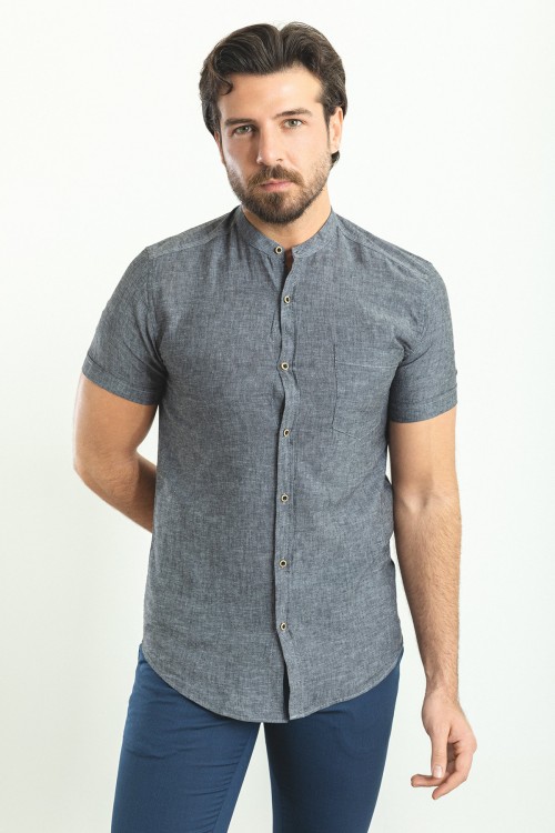 Anthracite Color Hanging Pocket Design Casual Short Sleeved Linen Shirt