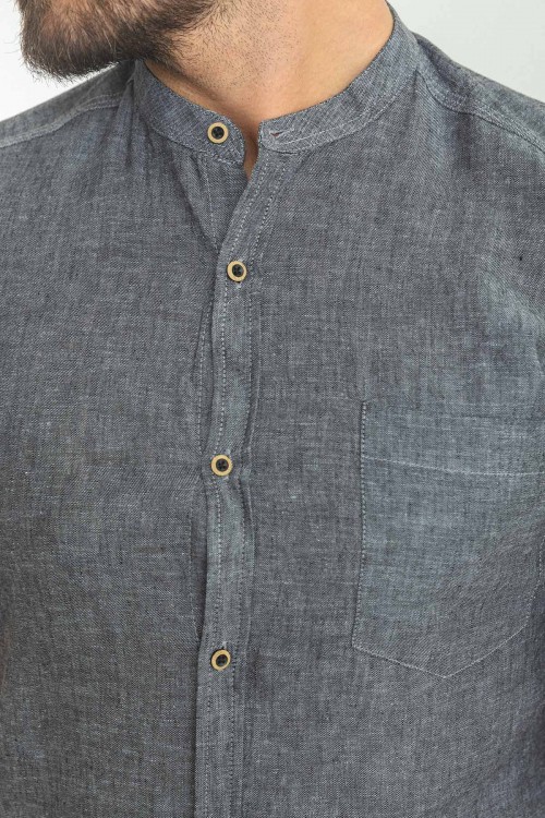 Anthracite Color Hanging Pocket Design Casual Short Sleeved Linen Shirt