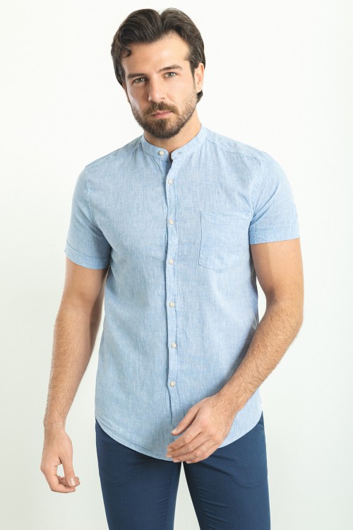 Blue Color Hanging Pocket Design Casual Short Sleeved Linen Shirt