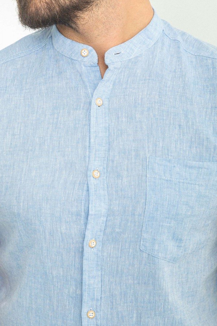 Blue Color Hanging Pocket Design Casual Short Sleeved Linen Shirt