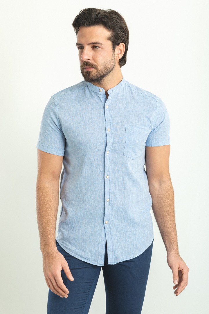 Blue Color Hanging Pocket Design Casual Short Sleeved Linen Shirt