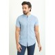 Blue Color Hanging Pocket Design Casual Short Sleeved Linen Shirt