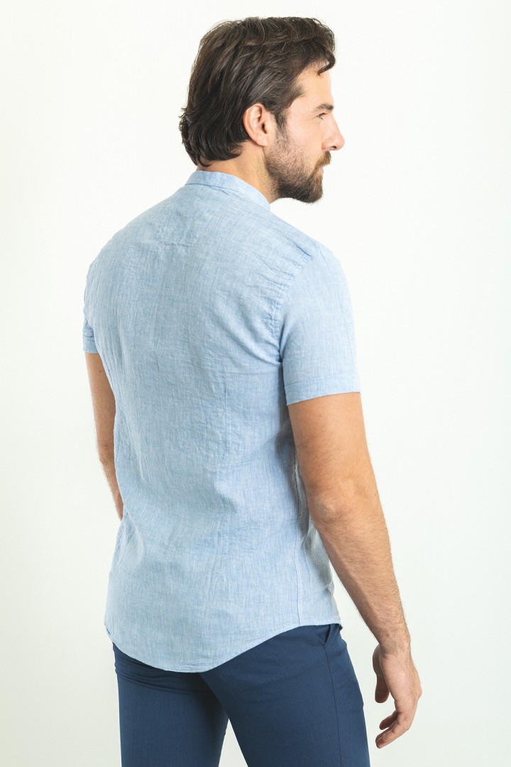 Blue Color Hanging Pocket Design Casual Short Sleeved Linen Shirt