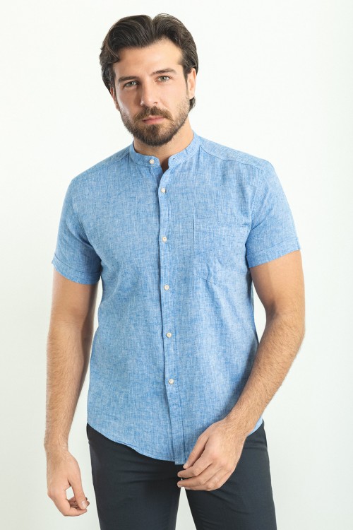 Sax Color Hanging Pocket Design Casual Short Sleeved Linen Shirt