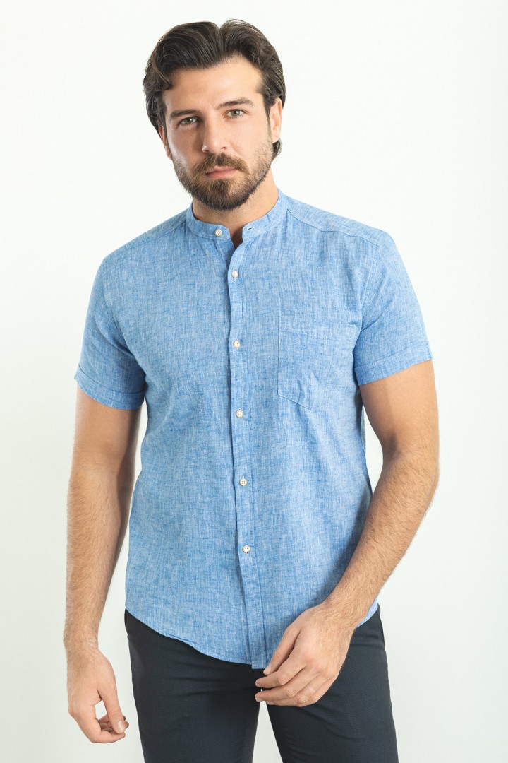 Sax Color Hanging Pocket Design Casual Short Sleeved Linen Shirt