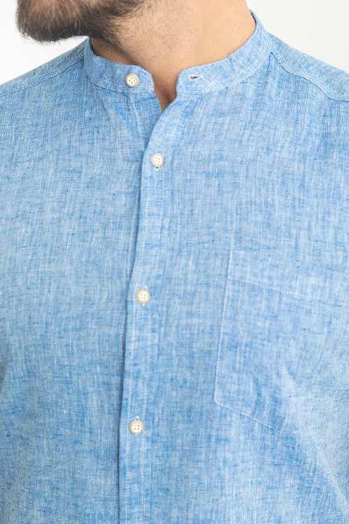 Sax Color Hanging Pocket Design Casual Short Sleeved Linen Shirt