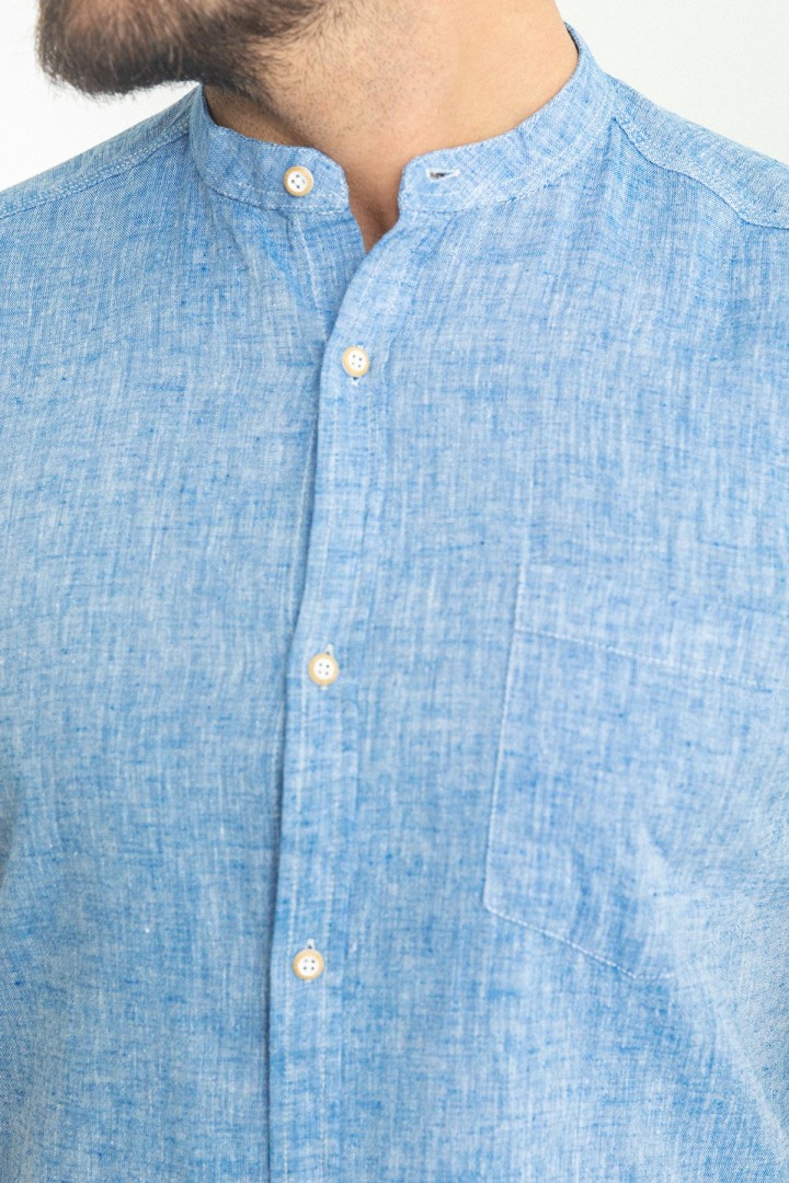 Sax Color Hanging Pocket Design Casual Short Sleeved Linen Shirt
