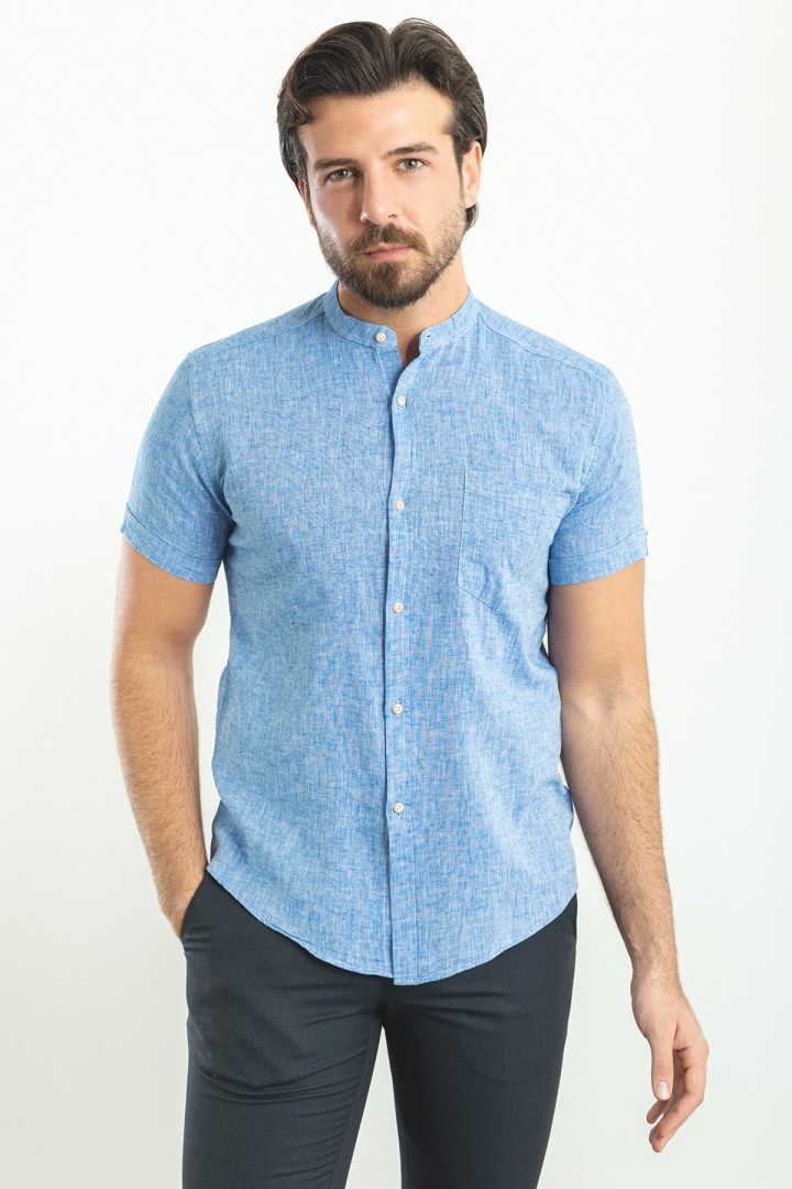 Sax Color Hanging Pocket Design Casual Short Sleeved Linen Shirt