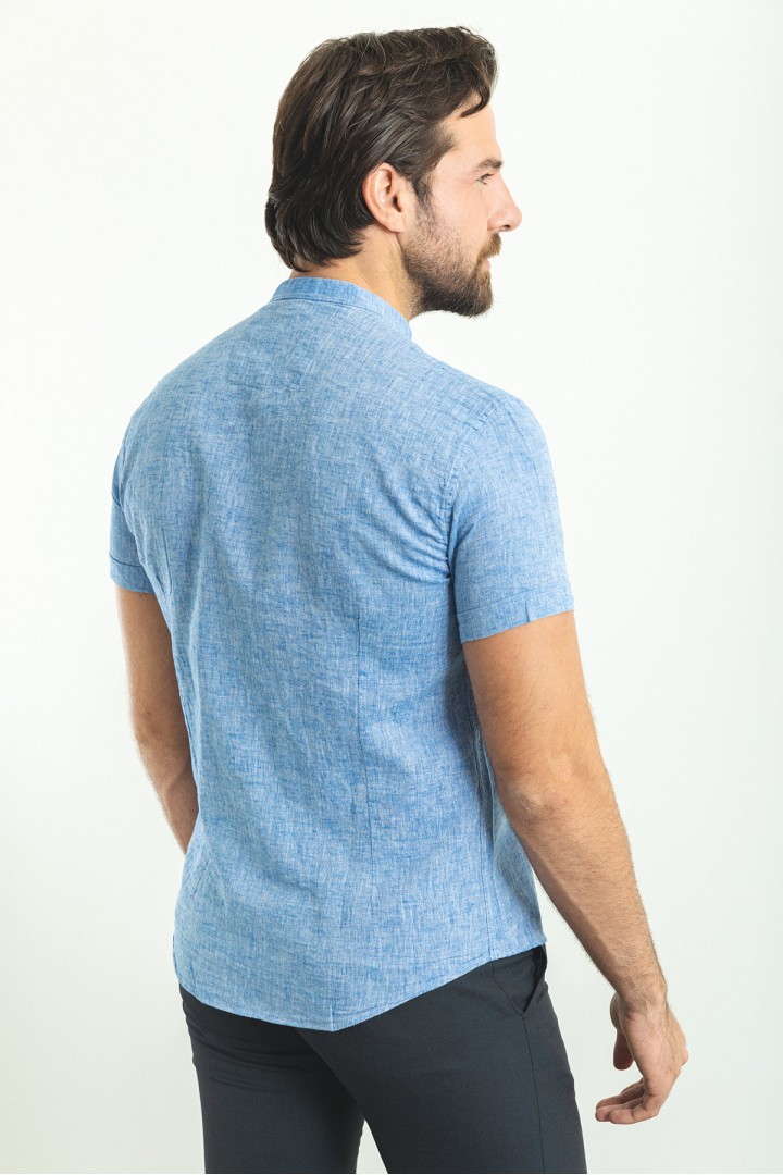 Sax Color Hanging Pocket Design Casual Short Sleeved Linen Shirt