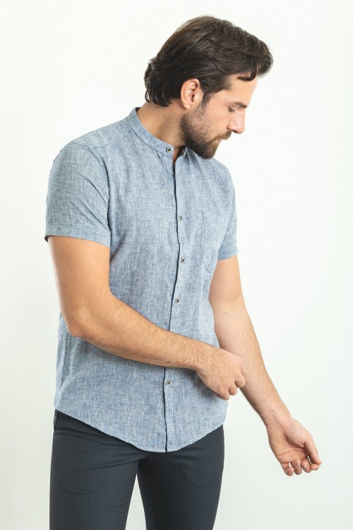 Light Dark Blue Color Hanging Pocket Design Casual Short Sleeved Linen Shirt