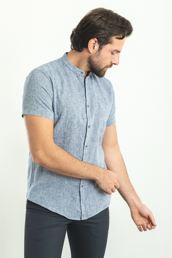 Light Dark Blue Color Hanging Pocket Design Casual Short Sleeved Linen Shirt