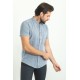 Light Dark Blue Color Hanging Pocket Design Casual Short Sleeved Linen Shirt