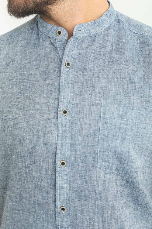 Light Dark Blue Color Hanging Pocket Design Casual Short Sleeved Linen Shirt