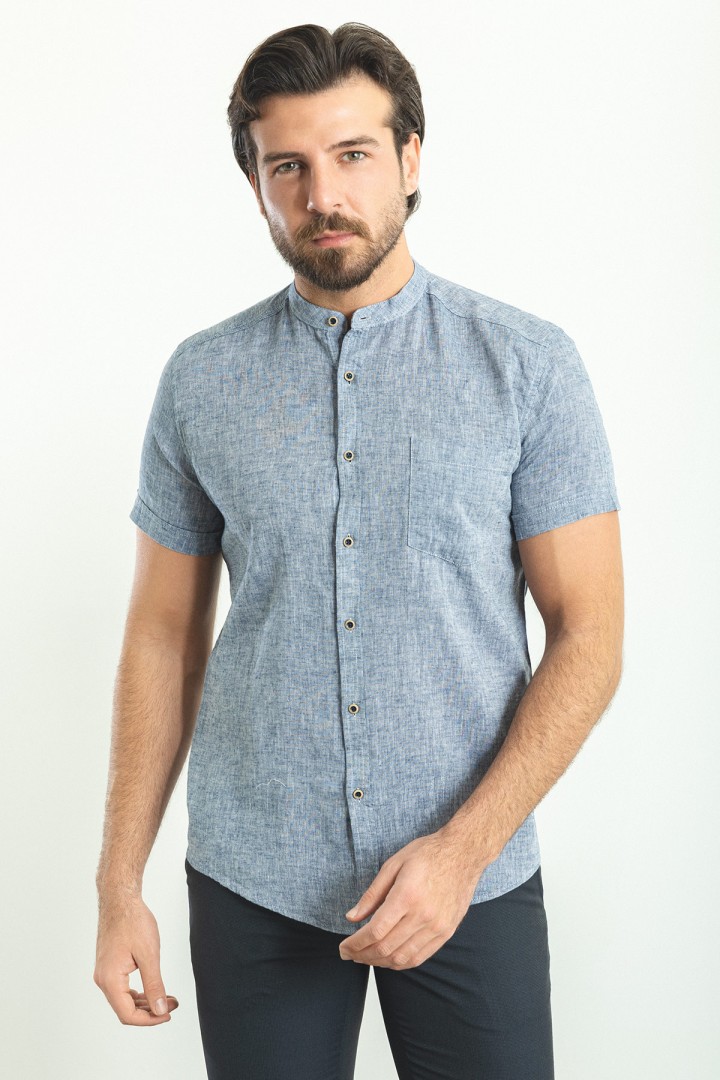 Light Dark Blue Color Hanging Pocket Design Casual Short Sleeved Linen Shirt