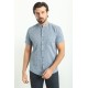 Light Dark Blue Color Hanging Pocket Design Casual Short Sleeved Linen Shirt