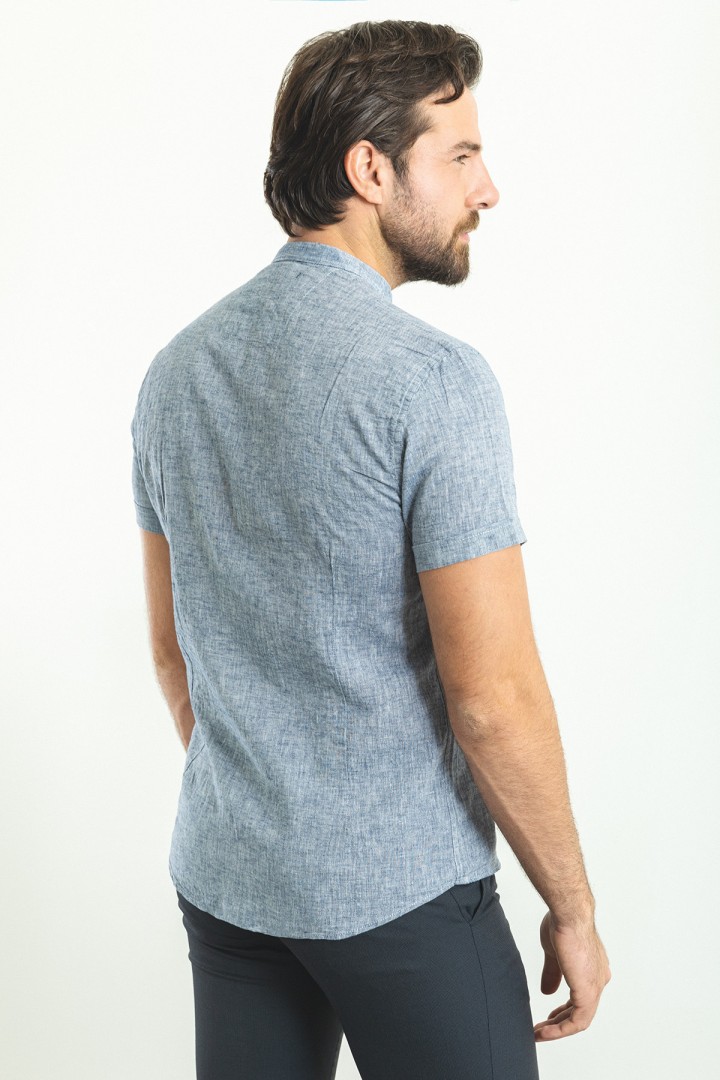 Light Dark Blue Color Hanging Pocket Design Casual Short Sleeved Linen Shirt